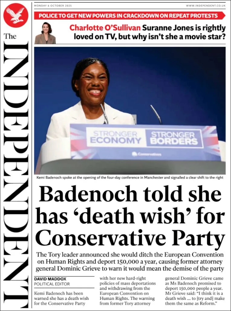 Portada de The Independent del lunes, 6 de octubre de 2025