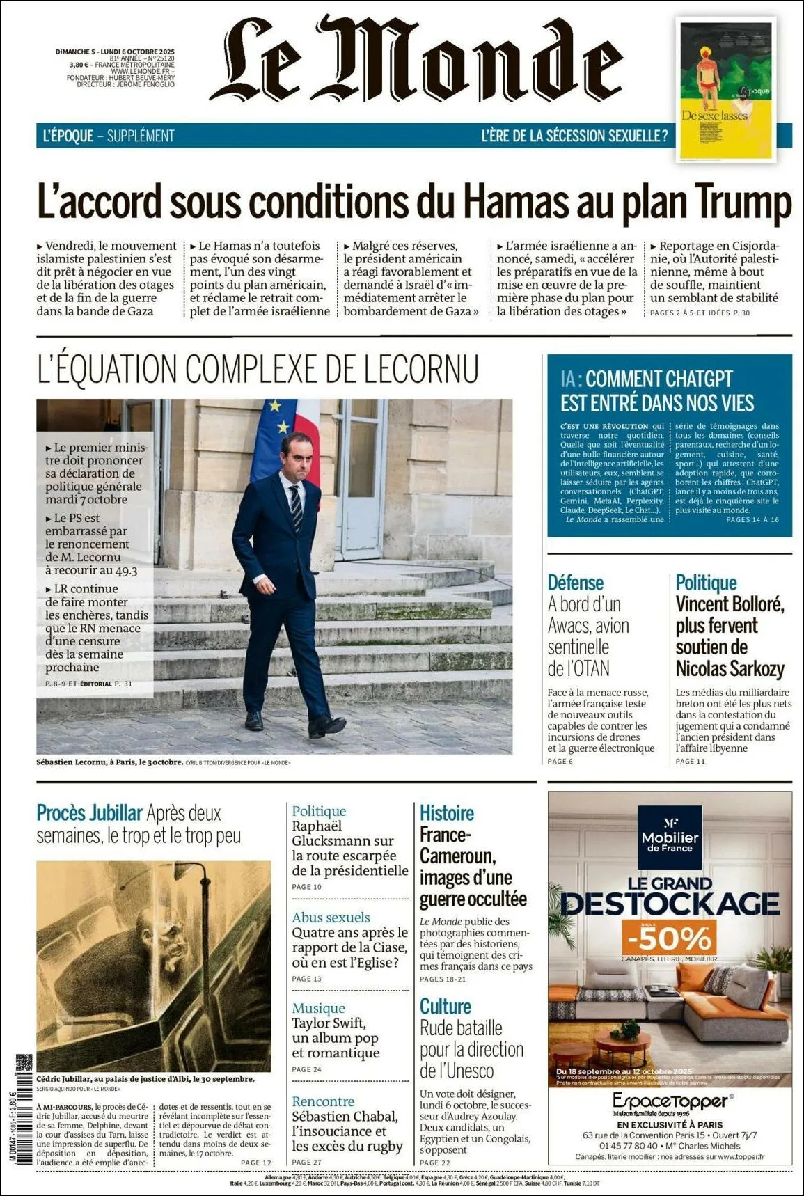Portada de Le Monde del lunes, 6 de octubre de 2025