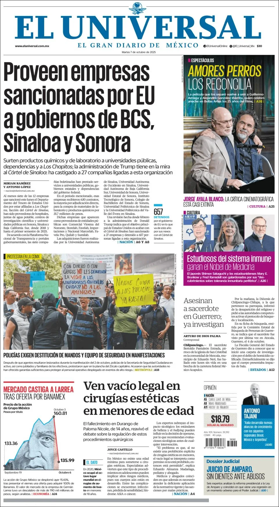 Portada de El Universal del martes, 7 de octubre de 2025