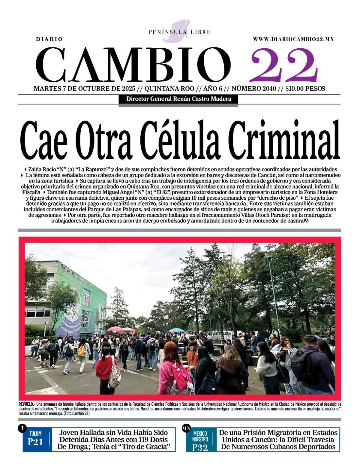 Portada de Diario Cambio 22 (contraportada) del martes, 7 de octubre de 2025