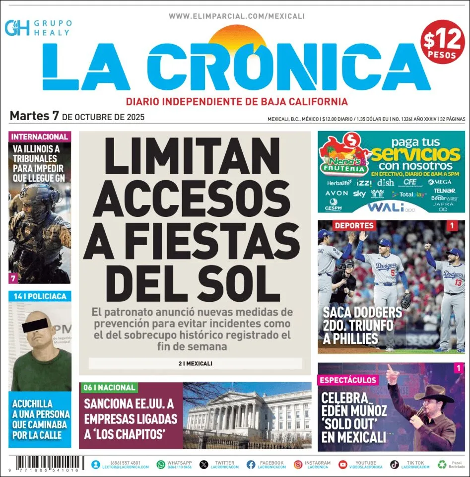 Portada de La Cronica del martes, 7 de octubre de 2025