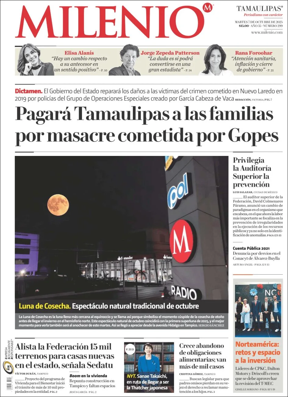 Portada de Milenio Tamaulipas del martes, 7 de octubre de 2025
