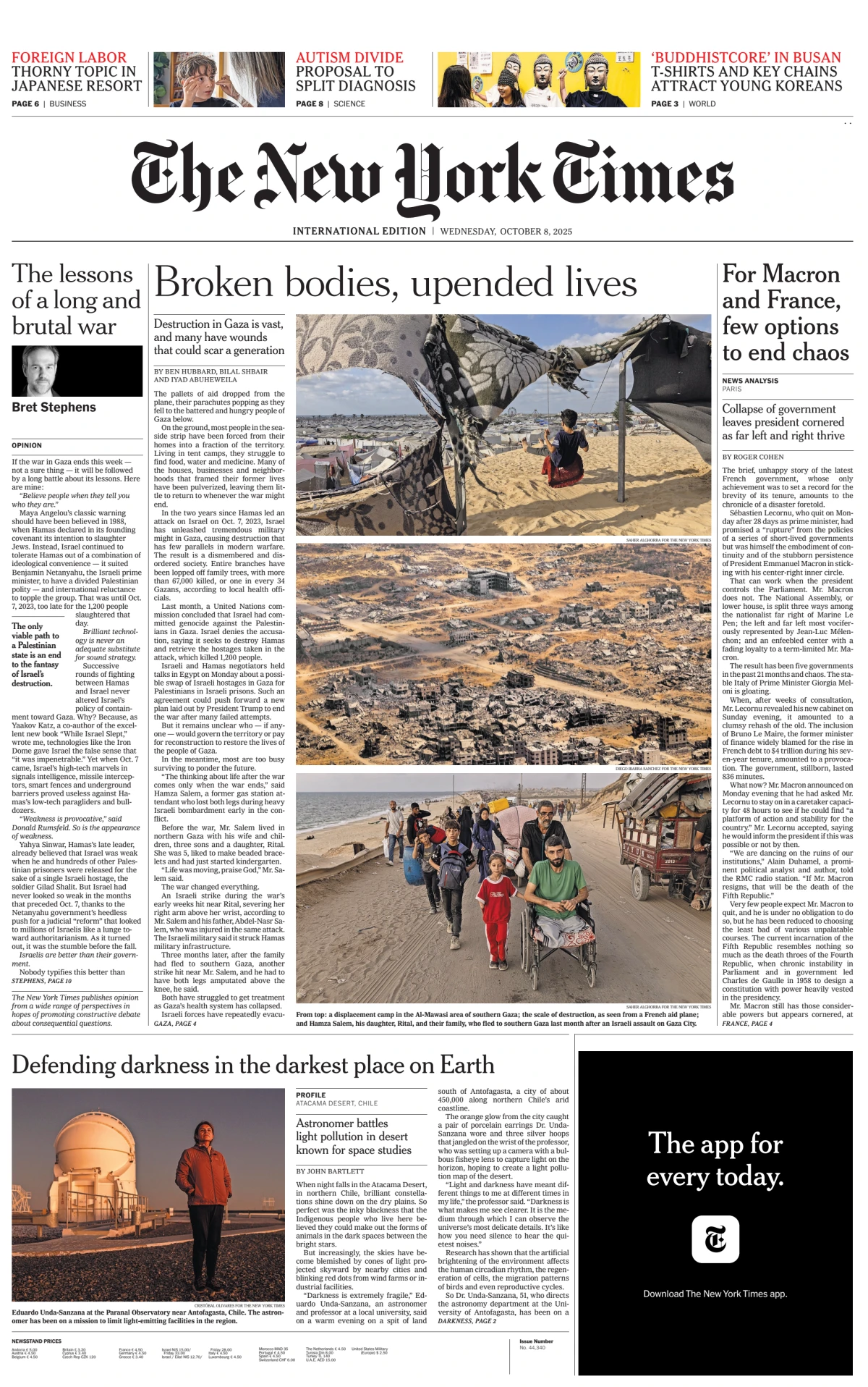 Portada de The New York Times (international) del miércoles, 8 de octubre de 2025