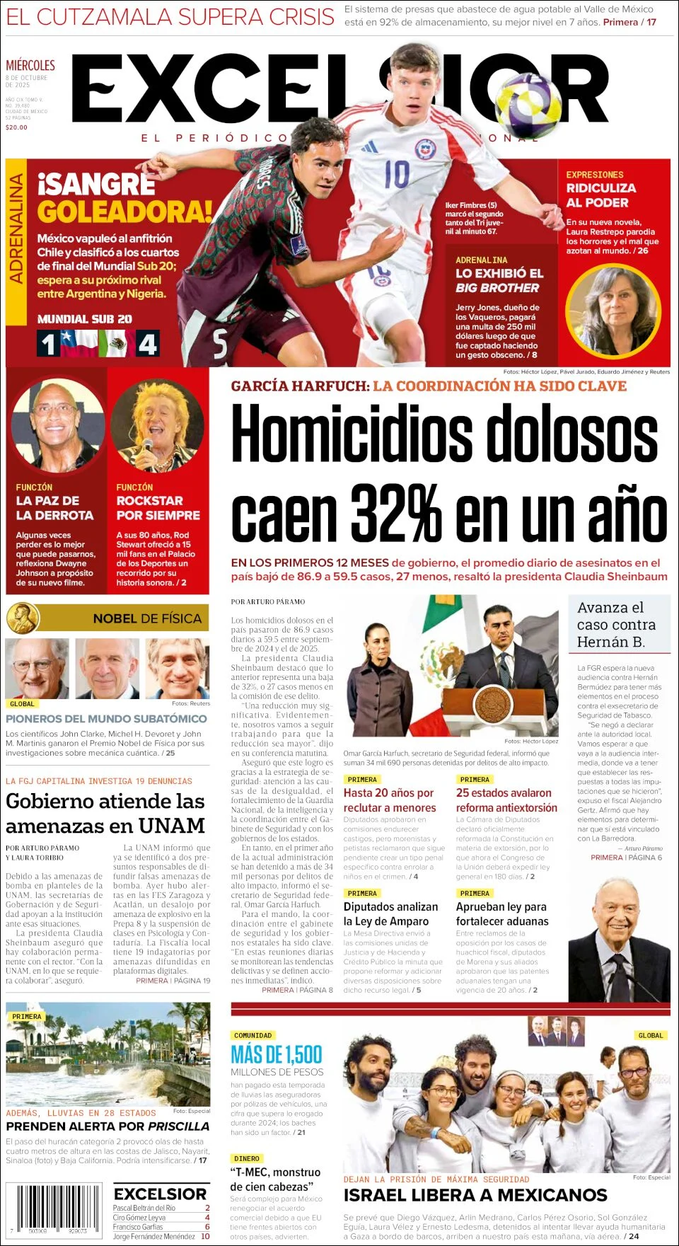 Portada de Excelsior del miércoles, 8 de octubre de 2025