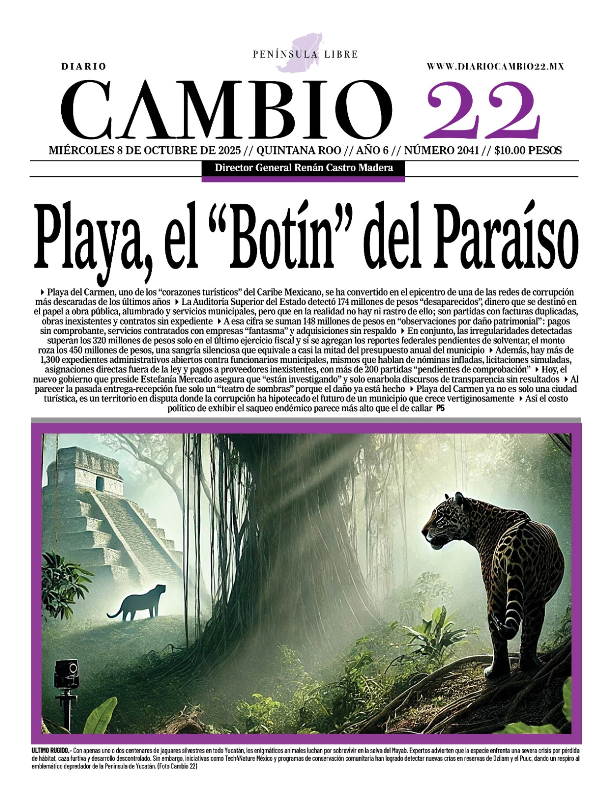 Portada de Diario Cambio 22 (portada) del miércoles, 8 de octubre de 2025