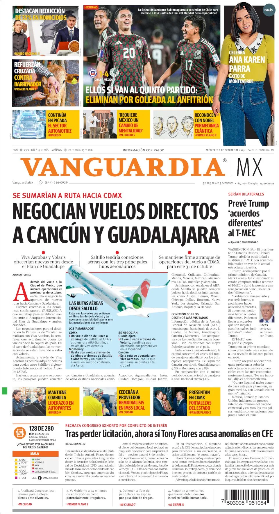 Portada de Vanguardia del miércoles, 8 de octubre de 2025