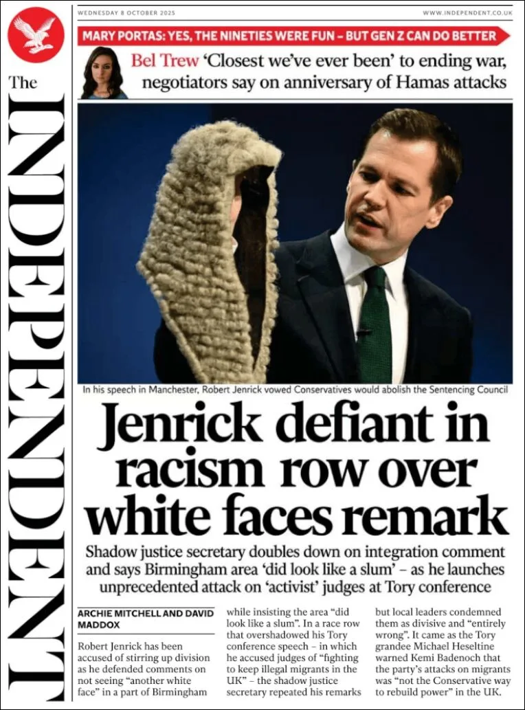 Portada de The Independent del miércoles, 8 de octubre de 2025