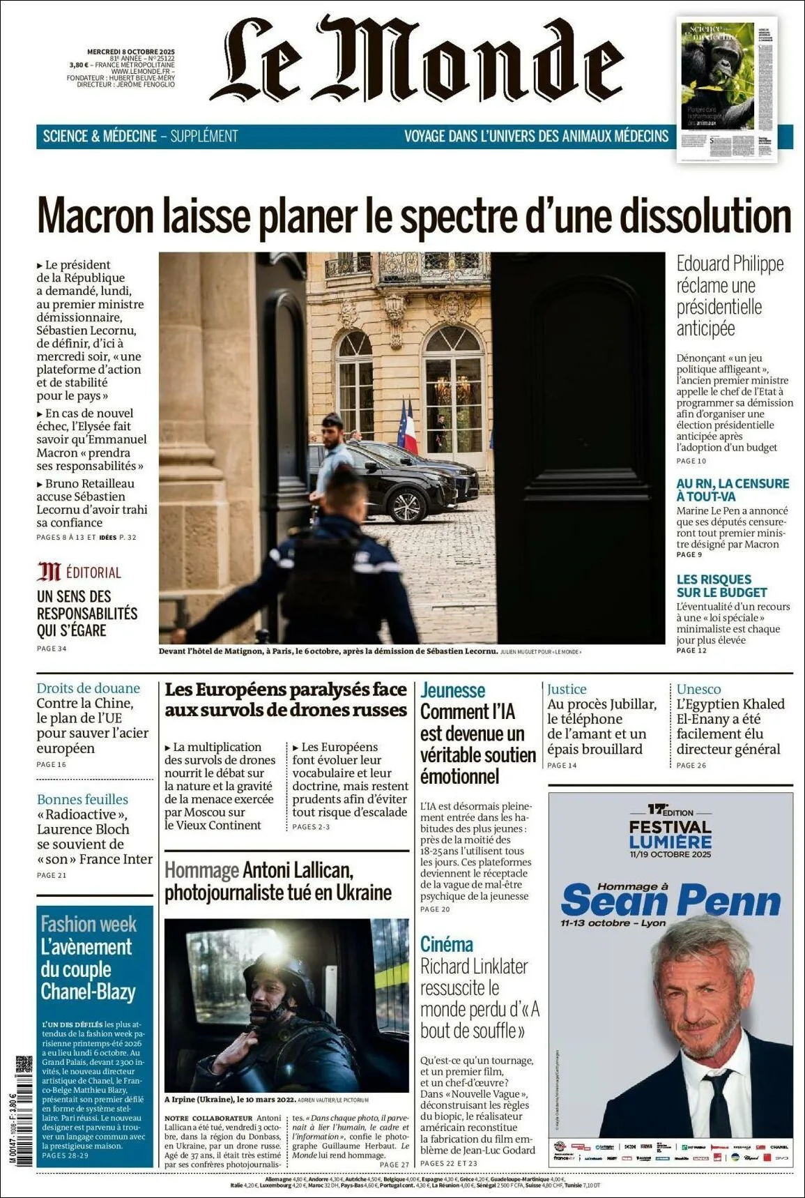 Portada de Le Monde del miércoles, 8 de octubre de 2025