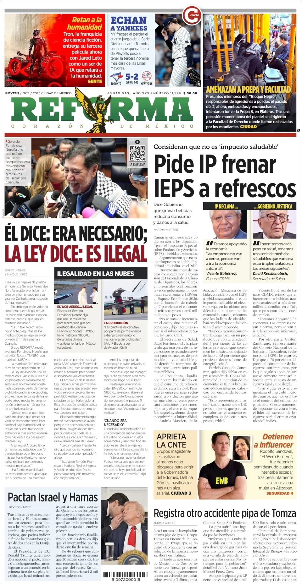 Portada de Reforma del jueves, 9 de octubre de 2025