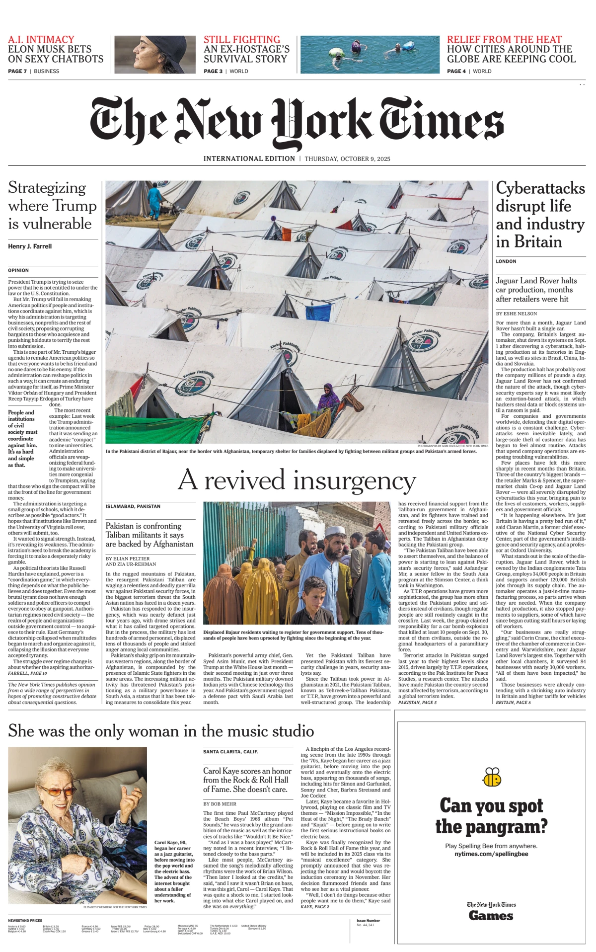 Portada de The New York Times (international) del jueves, 9 de octubre de 2025
