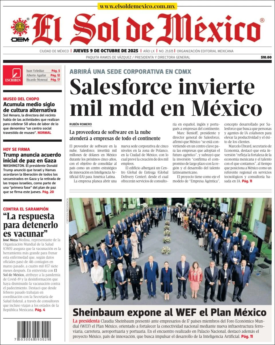 Portada de El Sol de Mexico del jueves, 9 de octubre de 2025