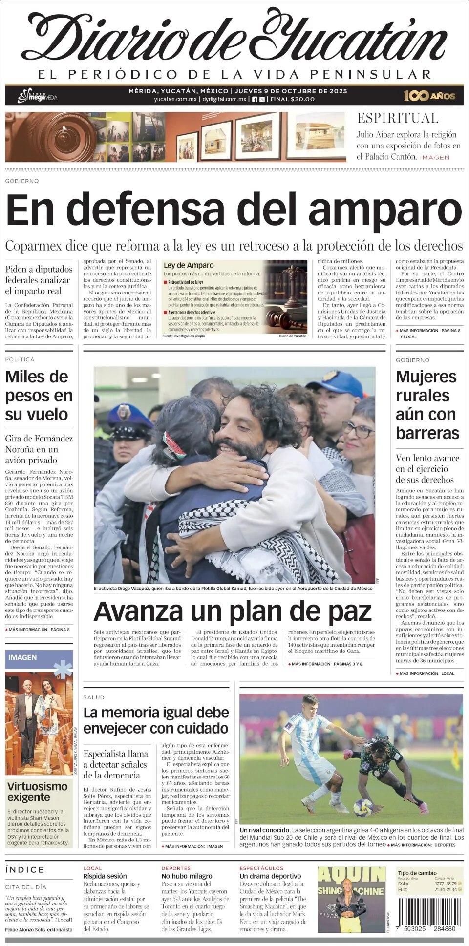 Portada de Diario de Yucatán del jueves, 9 de octubre de 2025