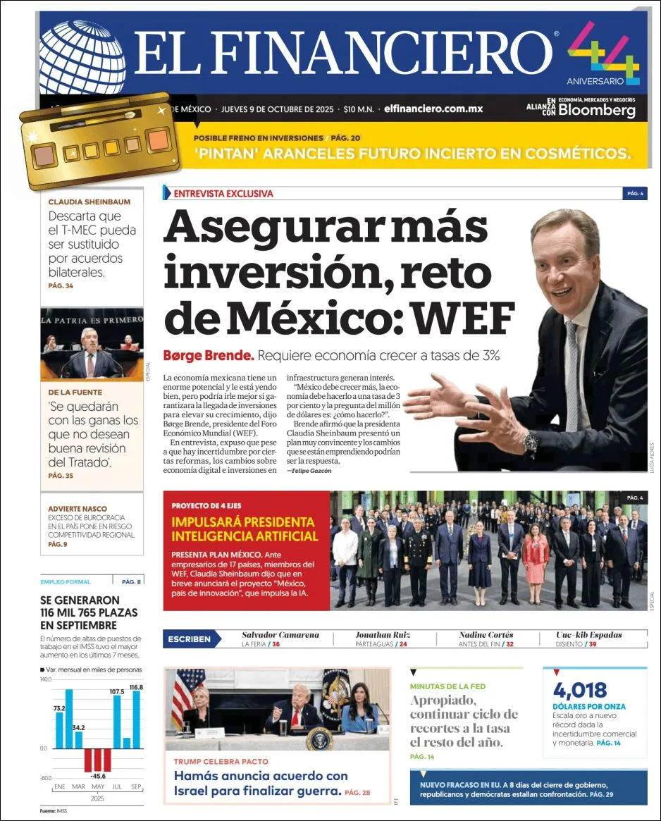 Portada de El Financiero del jueves, 9 de octubre de 2025