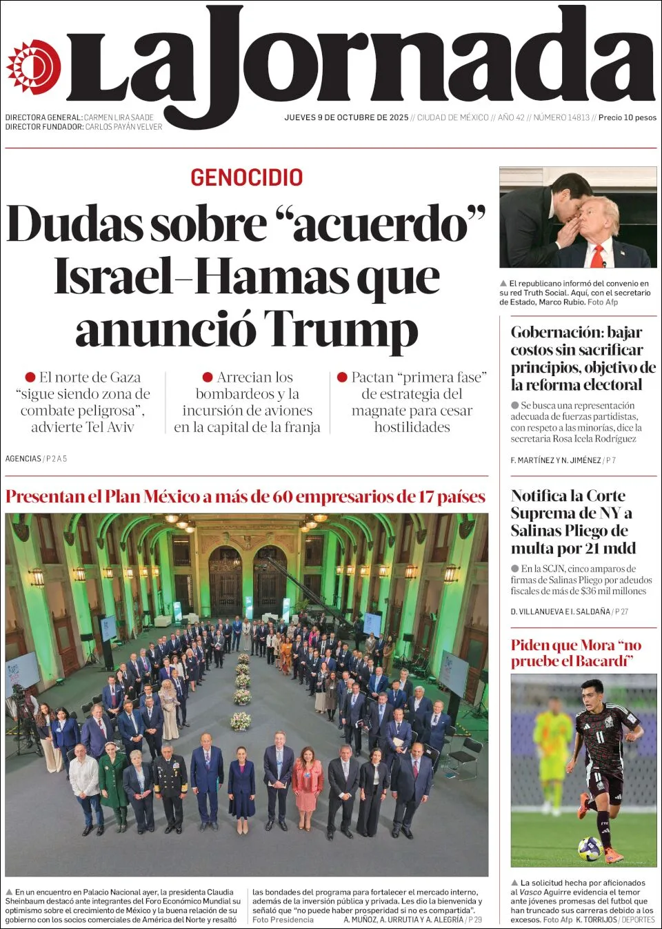 Portada de La Jornada del jueves, 9 de octubre de 2025