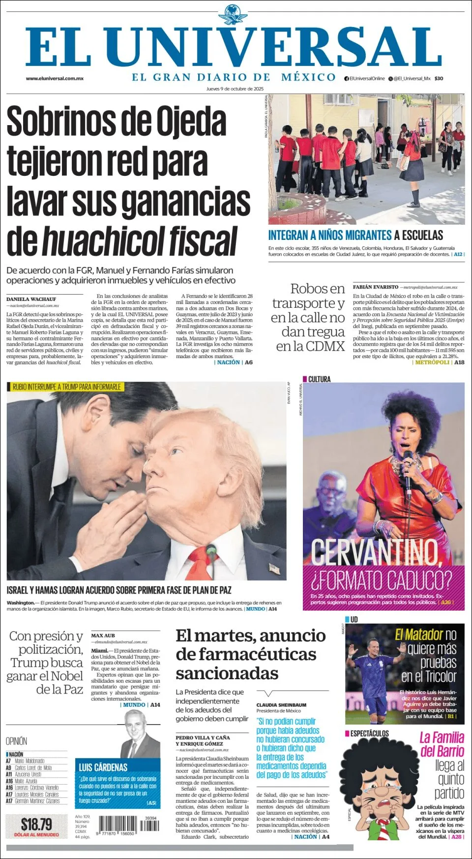 Portada de El Universal del jueves, 9 de octubre de 2025