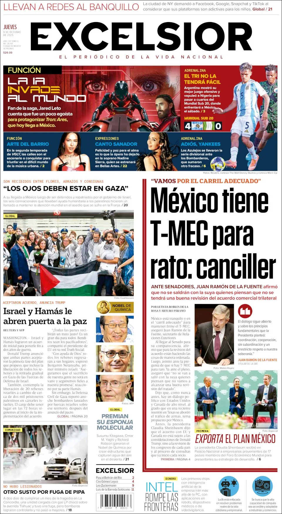 Portada de Excelsior del jueves, 9 de octubre de 2025