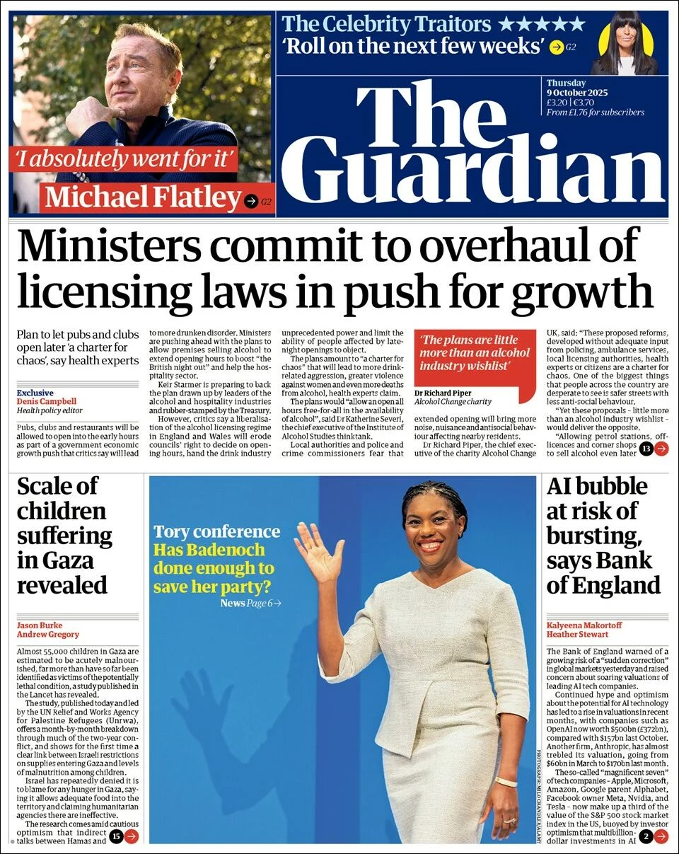 Portada de The Guardian (reino Unido) del jueves, 9 de octubre de 2025