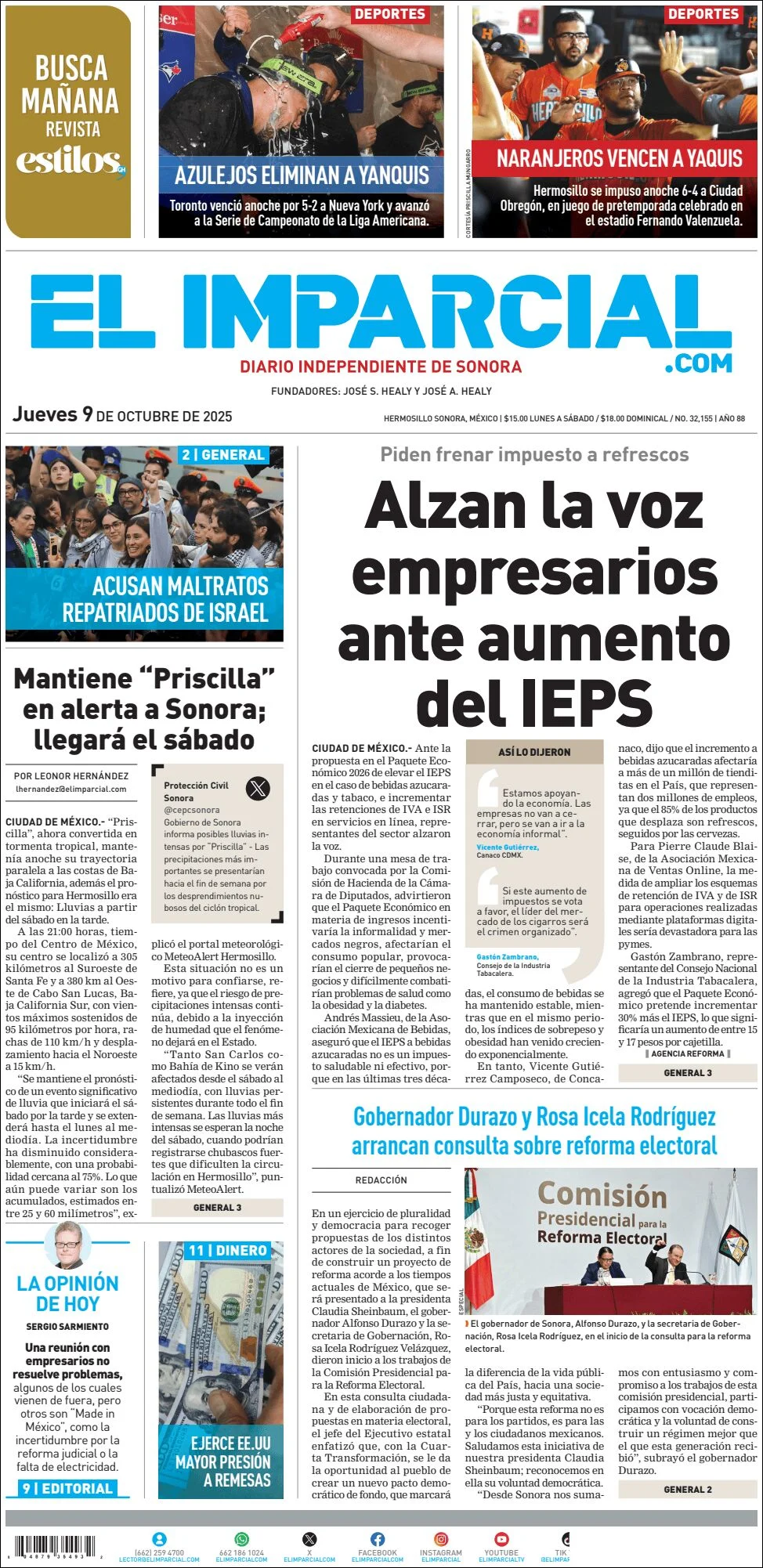 Portada de El Imparcial del jueves, 9 de octubre de 2025