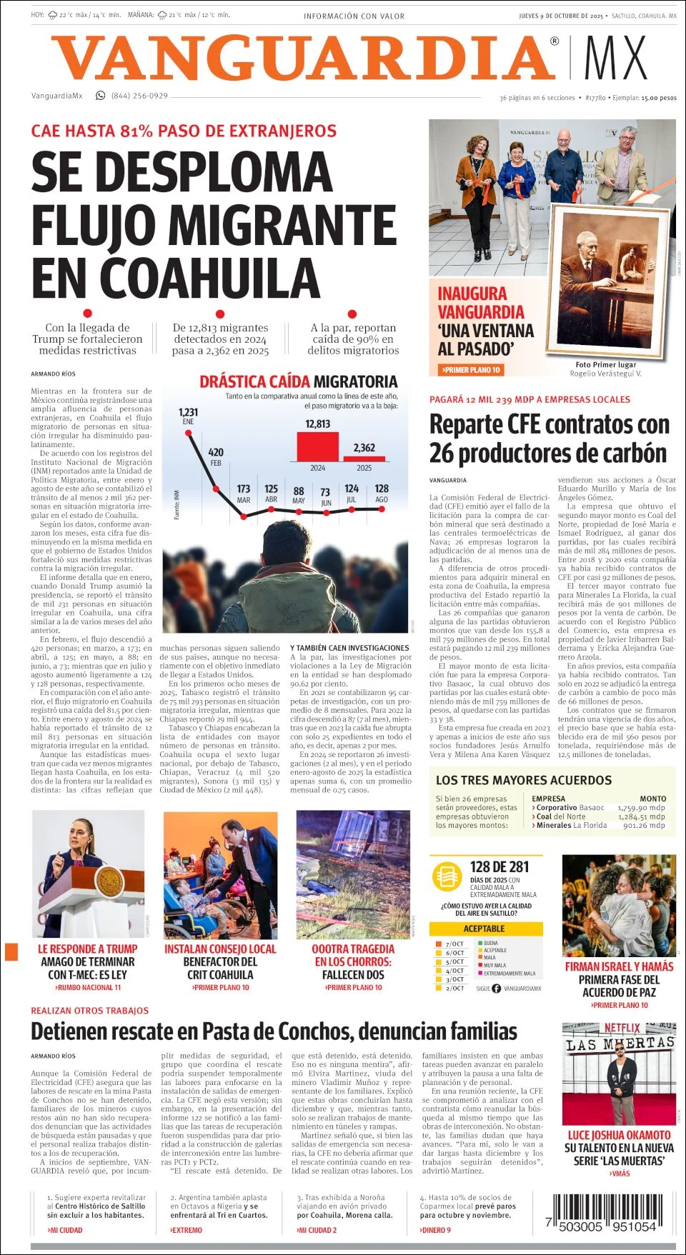Portada de Vanguardia del jueves, 9 de octubre de 2025