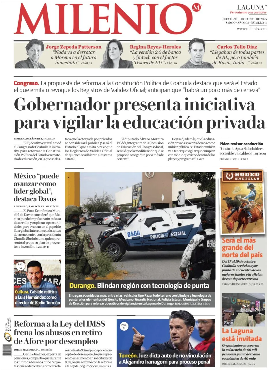 Portada de Milenio Laguna del jueves, 9 de octubre de 2025