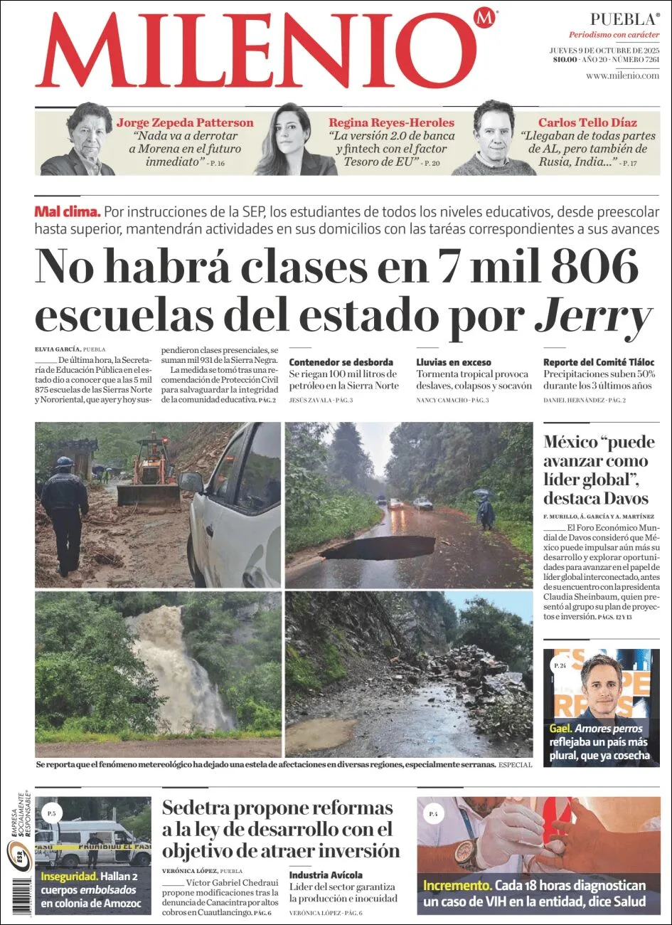 Portada de Milenio Puebla del jueves, 9 de octubre de 2025