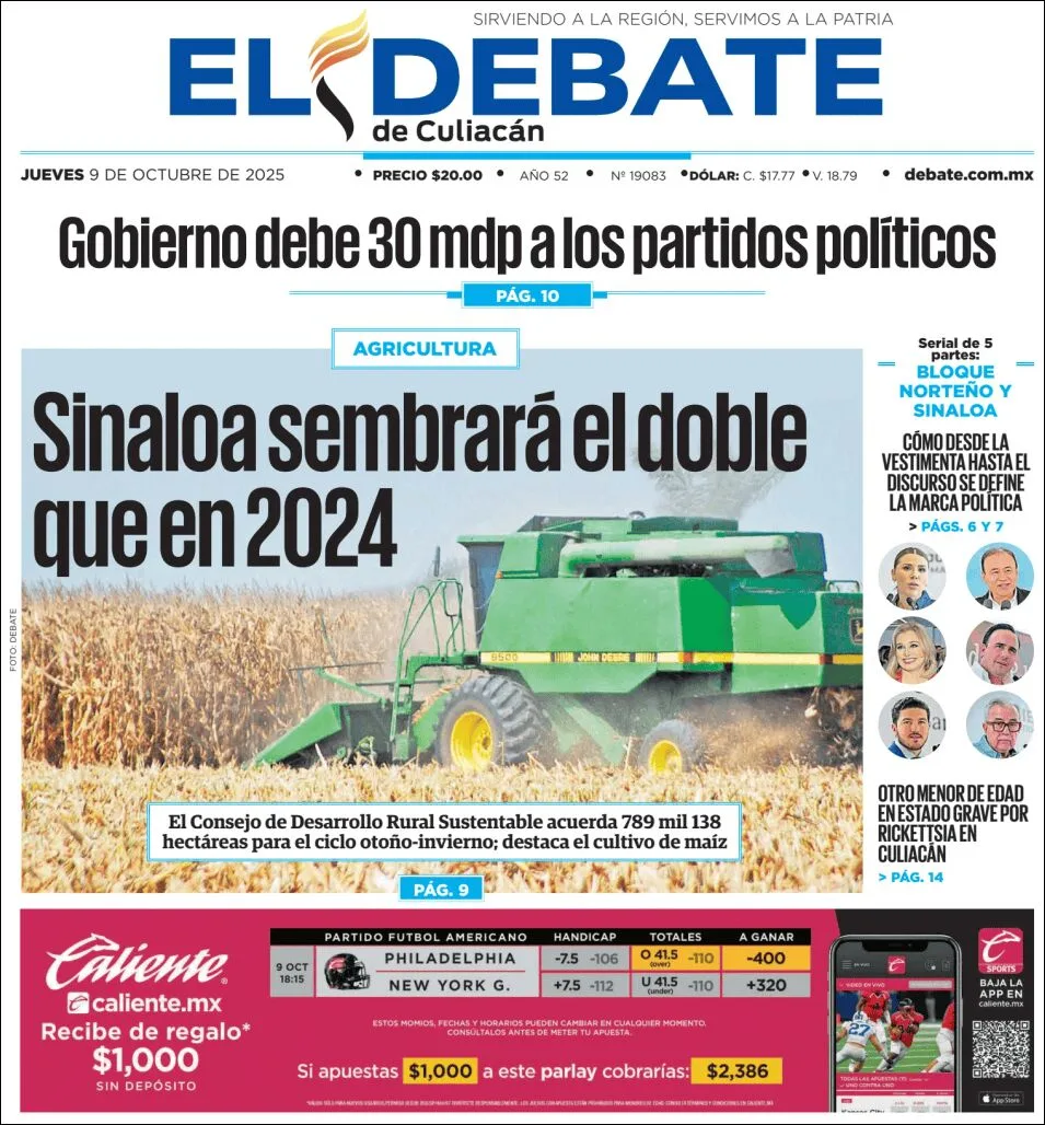 Portada de El Debate de Culiacan del jueves, 9 de octubre de 2025