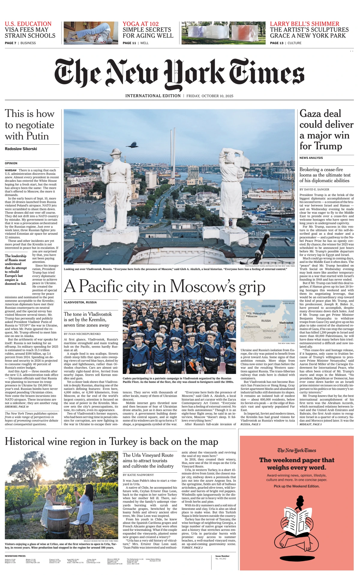 Portada de The New York Times (international) del viernes, 10 de octubre de 2025