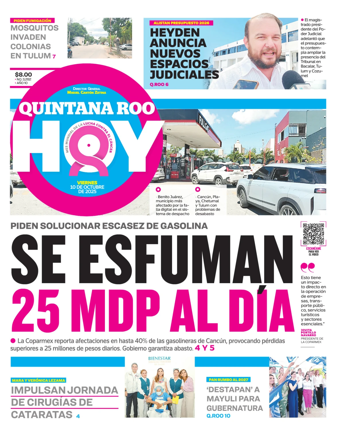 Portada de Quintana Roo Hoy (portada) del viernes, 10 de octubre de 2025