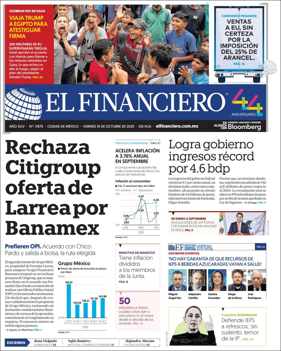 Portada de El Financiero del viernes, 10 de octubre de 2025