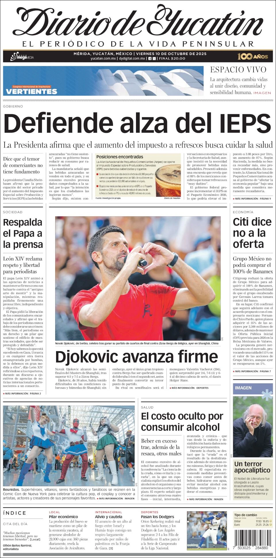 Portada de Diario de Yucatán del viernes, 10 de octubre de 2025