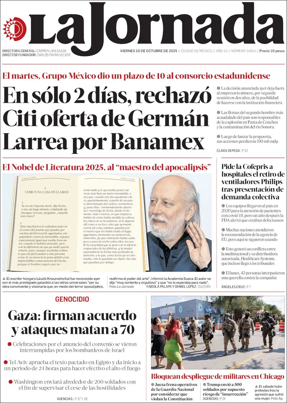 Portada de La Jornada del viernes, 10 de octubre de 2025