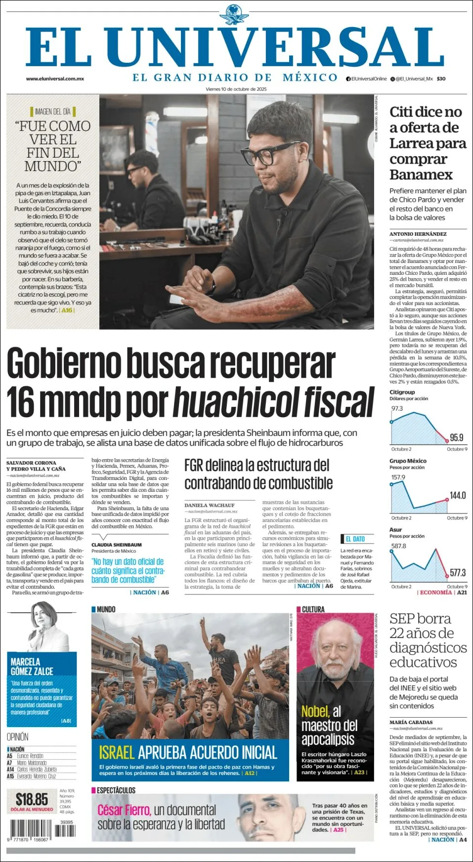 Portada de El Universal del viernes, 10 de octubre de 2025