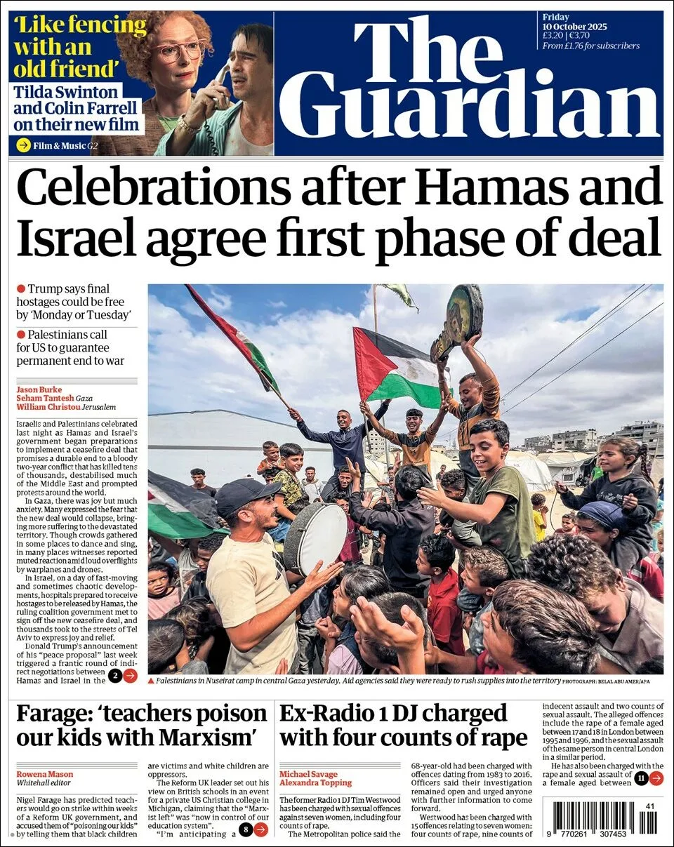 Portada de The Guardian (reino Unido) del viernes, 10 de octubre de 2025