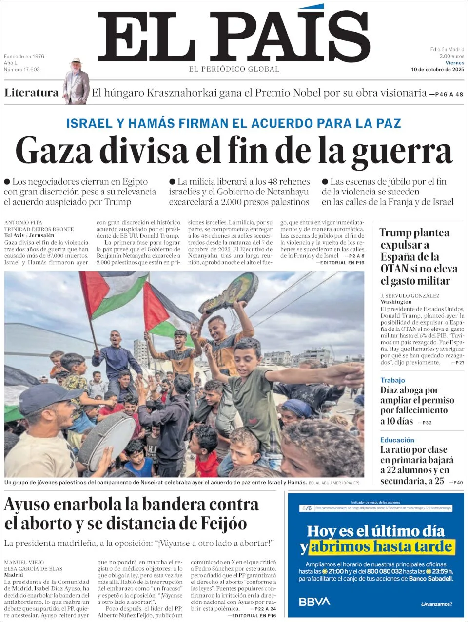 Portada de El Pais del viernes, 10 de octubre de 2025
