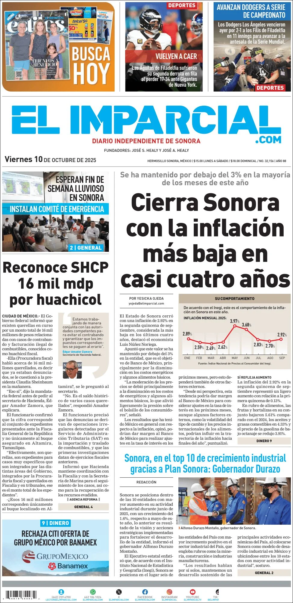 Portada de El Imparcial del viernes, 10 de octubre de 2025