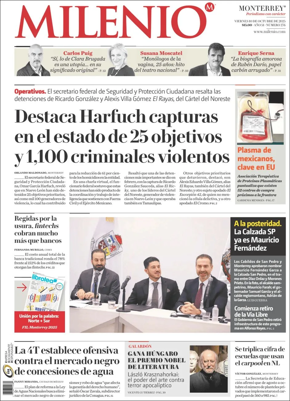 Portada de Milenio del viernes, 10 de octubre de 2025