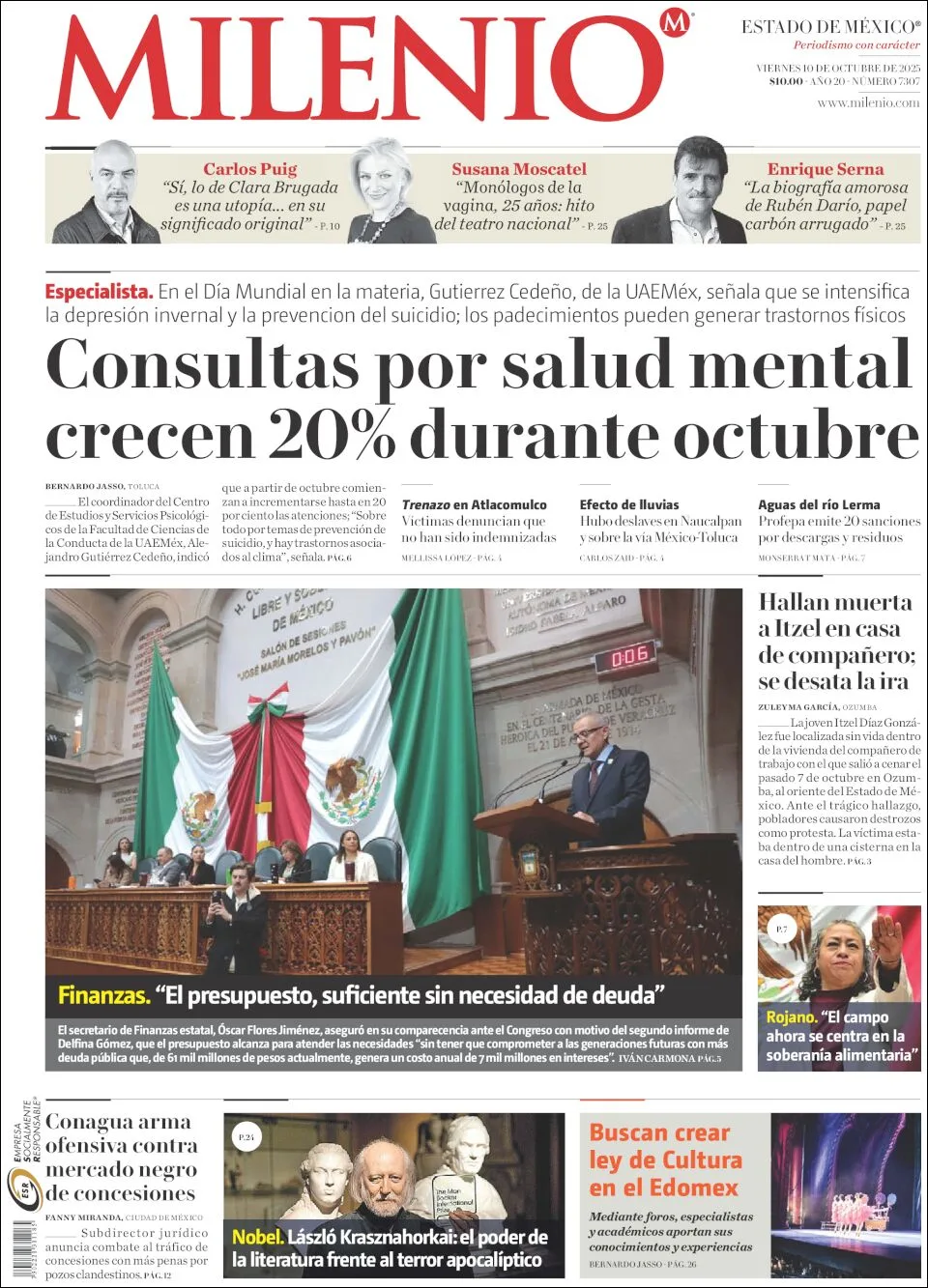 Portada de Milenio Edo de Mexico del viernes, 10 de octubre de 2025