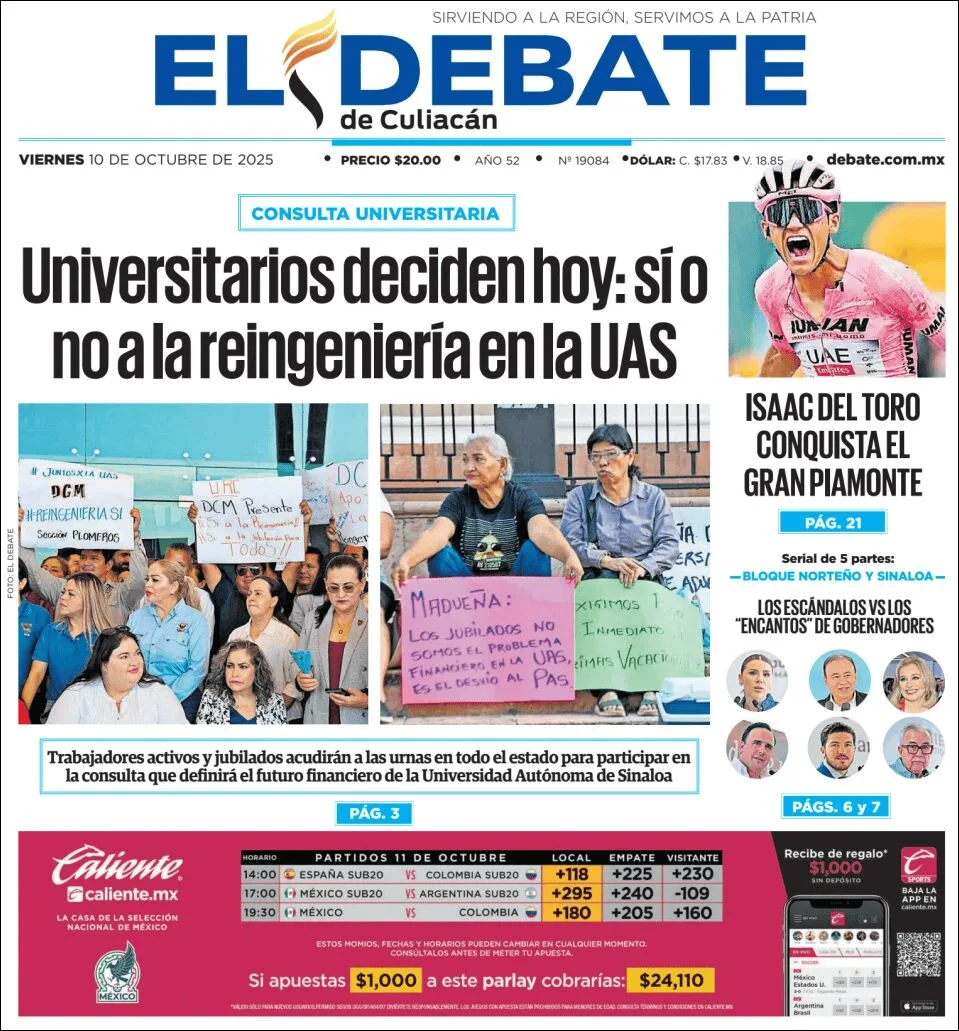 Portada de El Debate de Culiacan del viernes, 10 de octubre de 2025