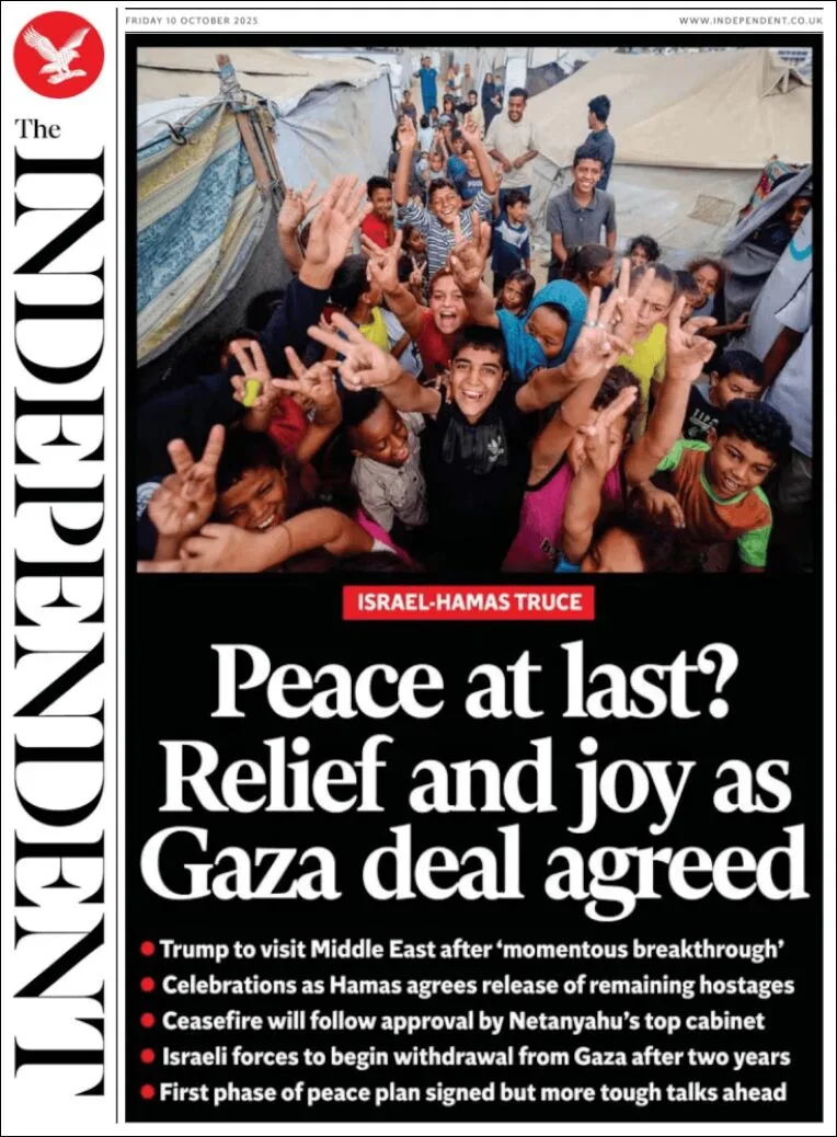 Portada de The Independent del viernes, 10 de octubre de 2025