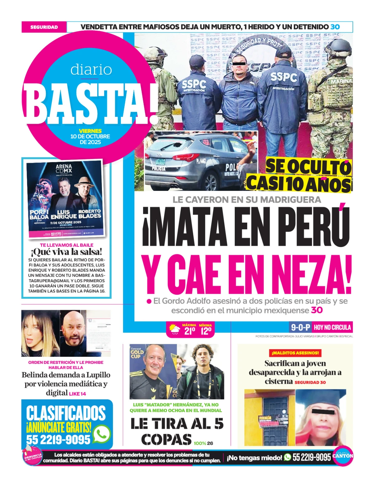 Portada de Basta! (contraportada ) del viernes, 10 de octubre de 2025