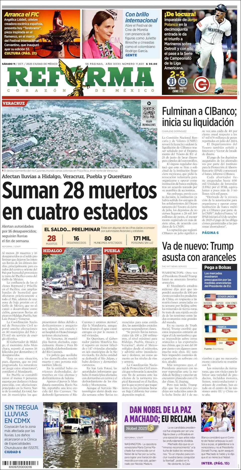 Portada de Reforma del sábado, 11 de octubre de 2025