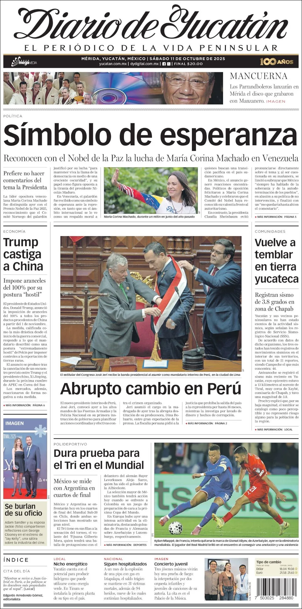 Portada de Diario de Yucatán del sábado, 11 de octubre de 2025
