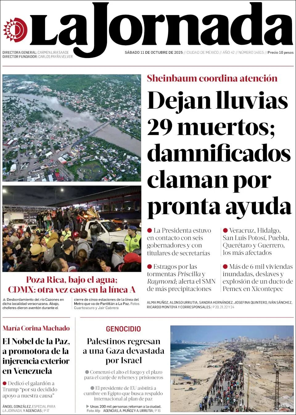 Portada de La Jornada del sábado, 11 de octubre de 2025