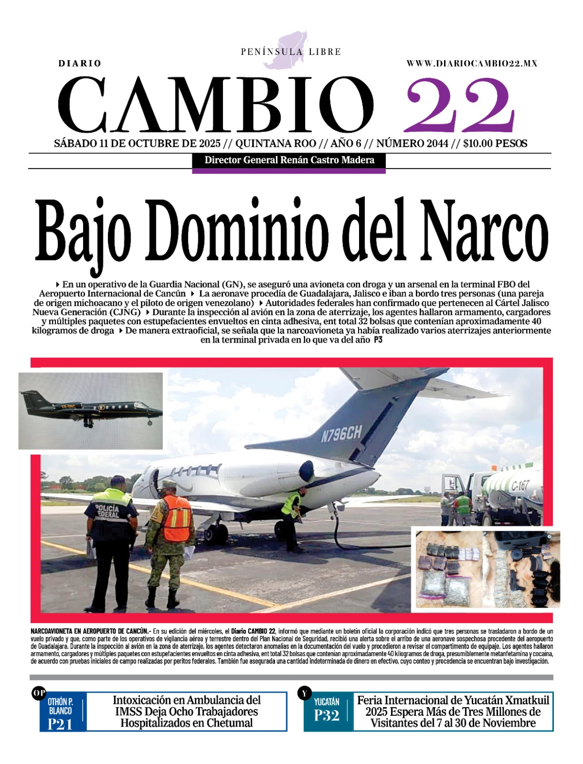 Portada de Diario Cambio 22 (portada) del sábado, 11 de octubre de 2025