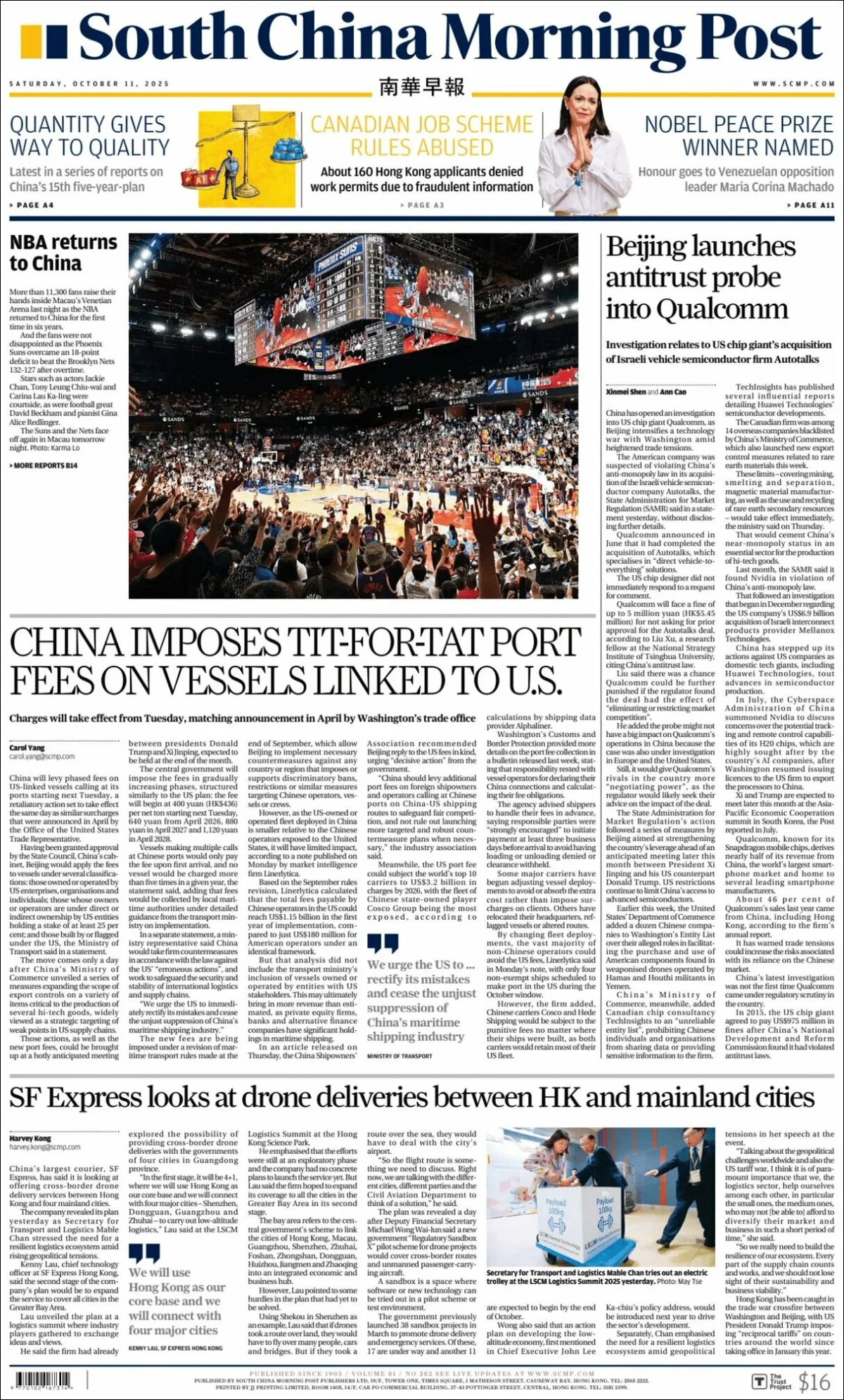 Portada de South China Morning Post del sábado, 11 de octubre de 2025
