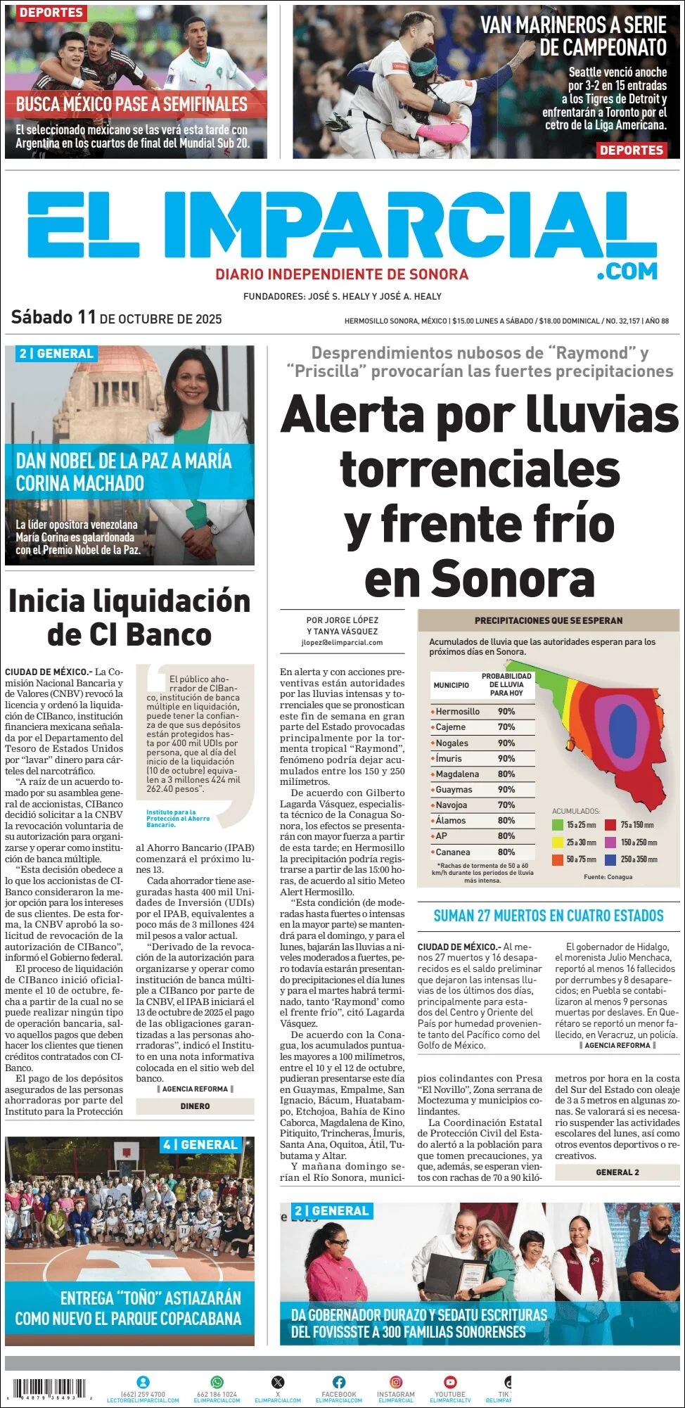 Portada de El Imparcial del sábado, 11 de octubre de 2025