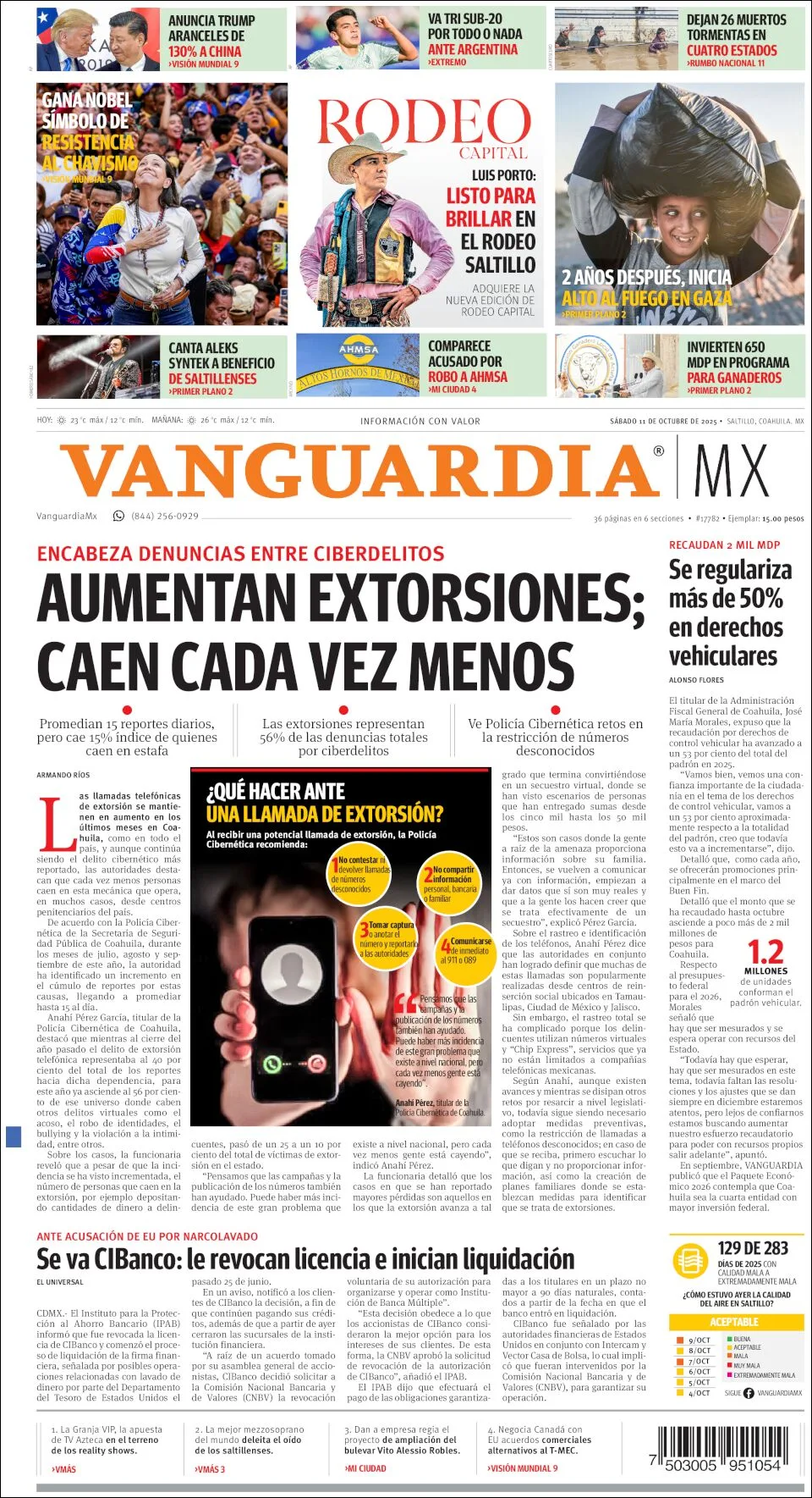 Portada de Vanguardia del sábado, 11 de octubre de 2025