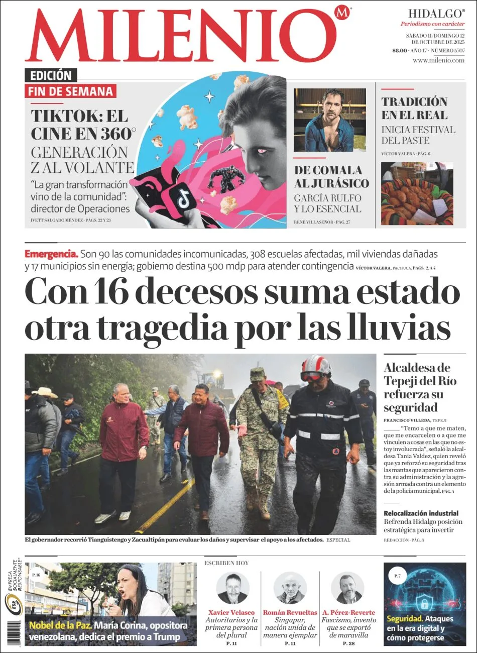 Portada de Milenio Hidalgo del sábado, 11 de octubre de 2025