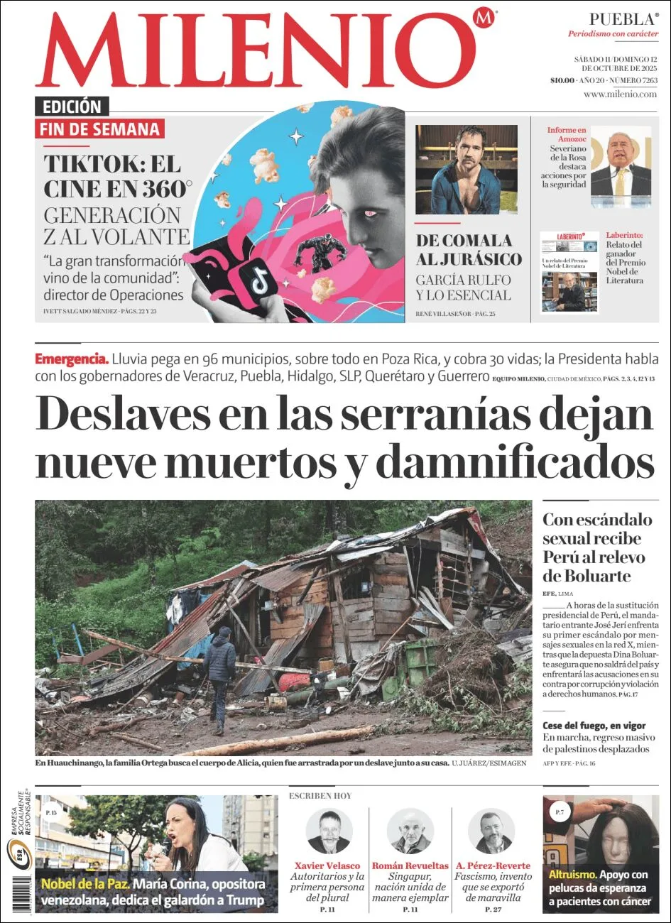 Portada de Milenio Puebla del sábado, 11 de octubre de 2025