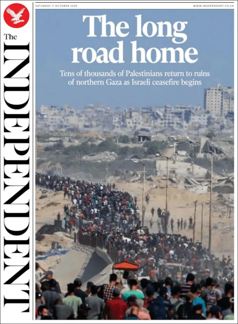 Portada de The Independent del sábado, 11 de octubre de 2025